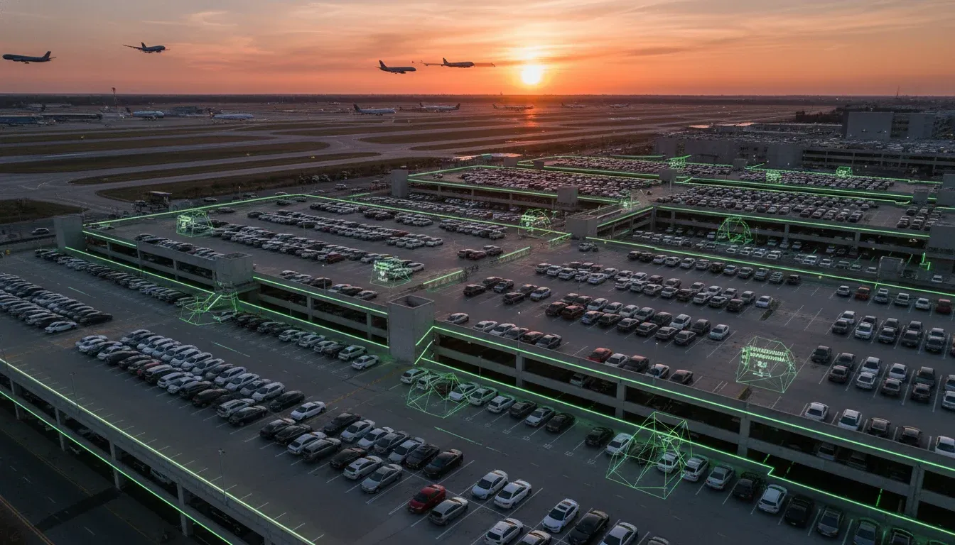 Airport parking garage with digital occupancy displays and wayfinding