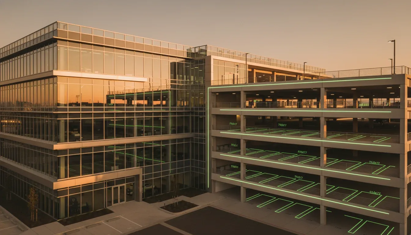 Modern office building parking garage with smart access control