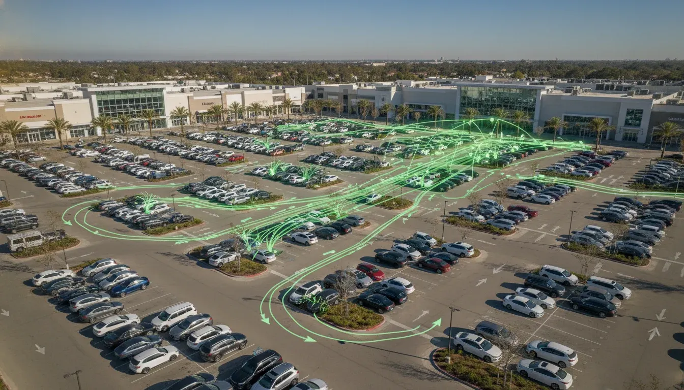 Shopping mall parking lot with digital wayfinding signage